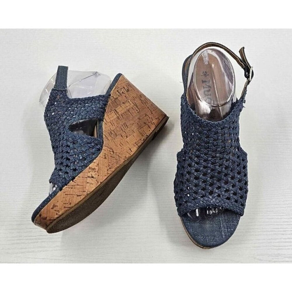 Mudd Denim Crocheted Cork Platform Wedge 4" Heel Sandals Ankle Buckle Sz 10